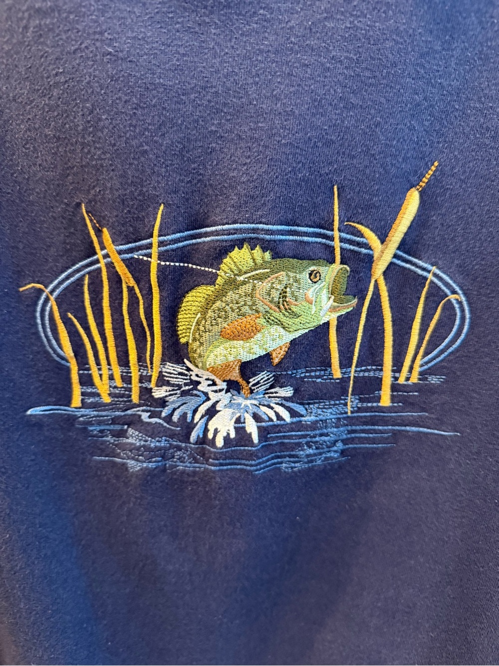 Vintage MC Sport Navy Embroidered Fish Bass Graphic Crewneck Sweatshirt Size XXL